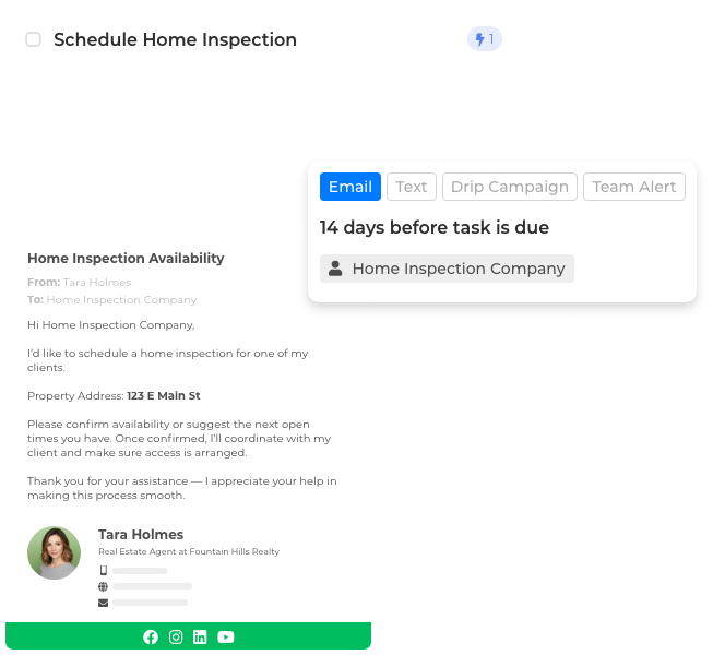 Checklist triggers in Wise Agent CRM to automatically send emails or texts when tasks are completed